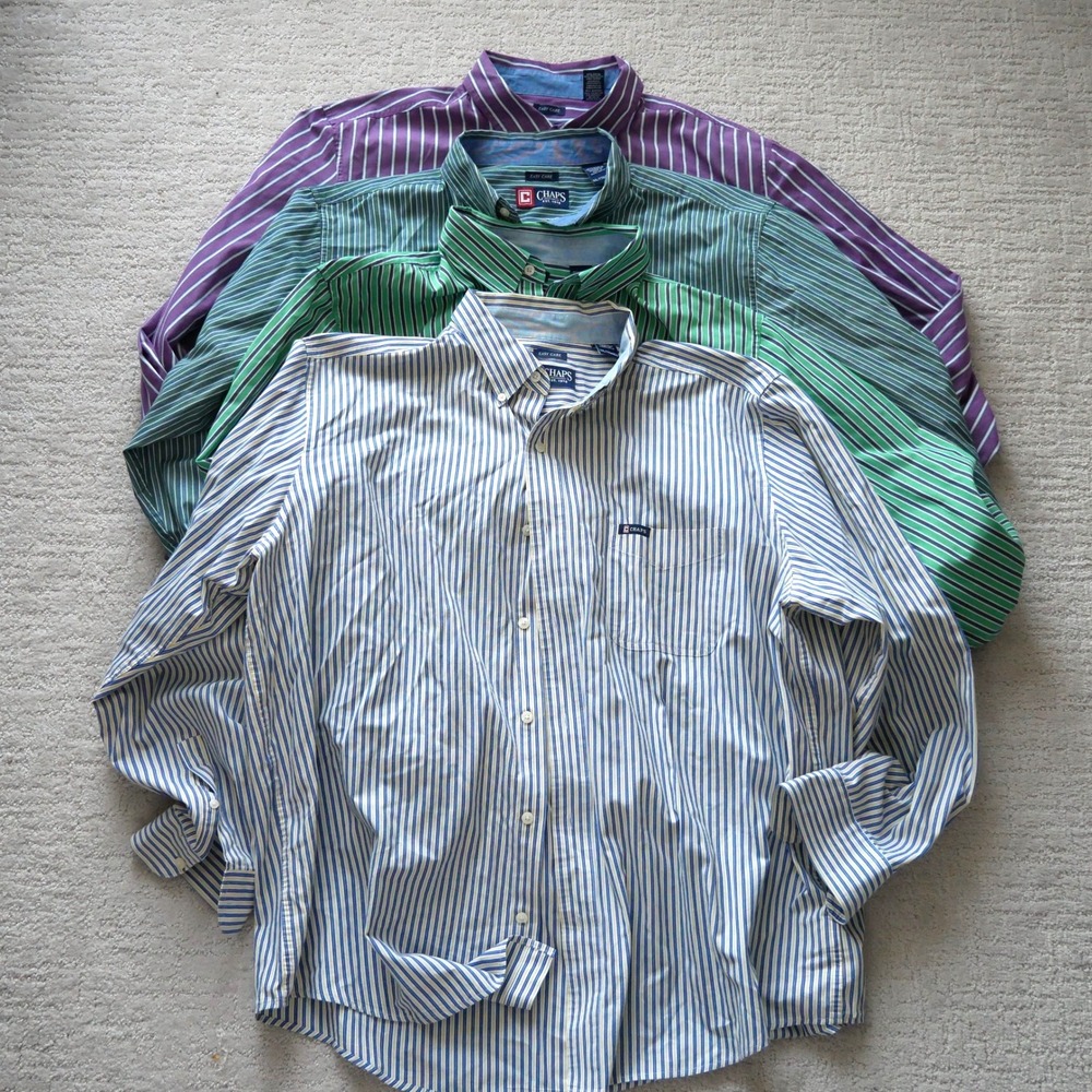 Lot of 4 Chaps Mens XXL Easy Care Striped Button Down Shirts Purple Green Blue